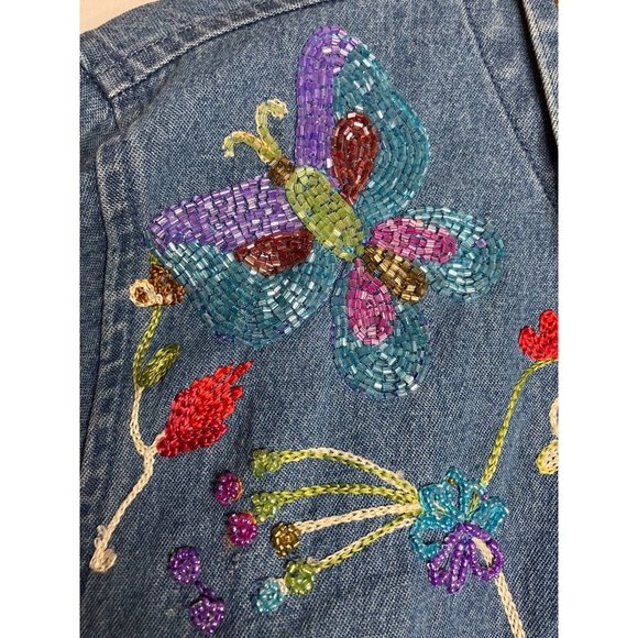 The Quacker Factory Women's Medium Chambray Beaded Embroidered Shirt New - Picture 5 of 16